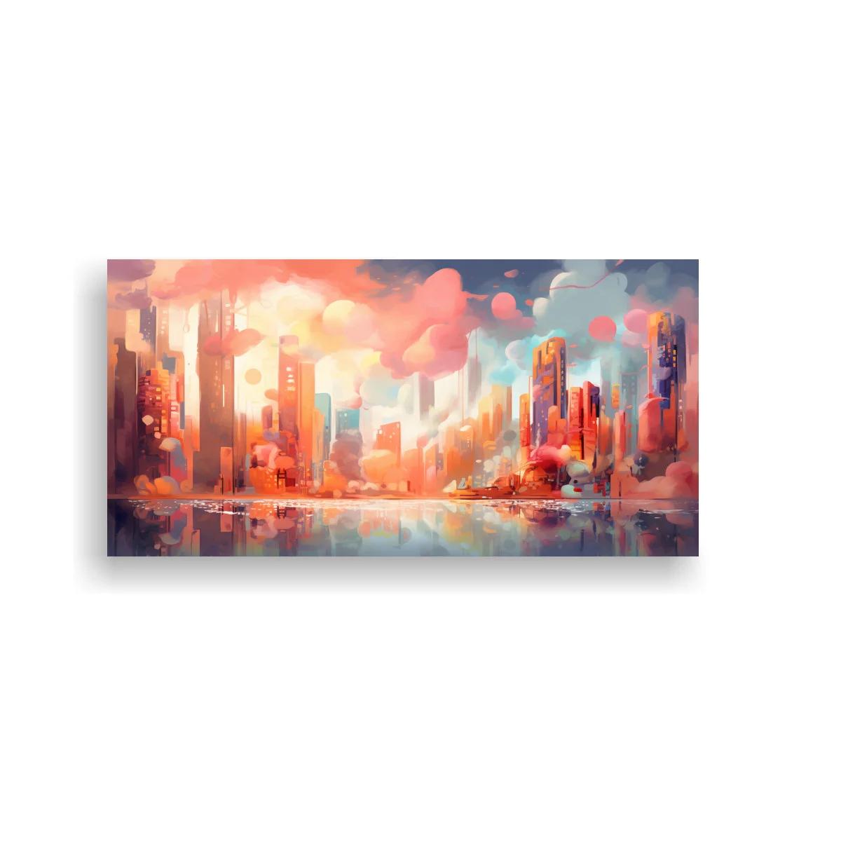 Cuadro skyline urbano al atardecer con luz cálida y nubes suaves
