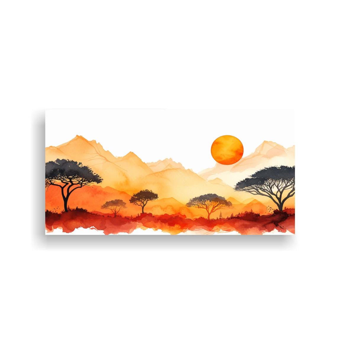 Cuadro acacias en la sabana al atardecer con colinas cálidas