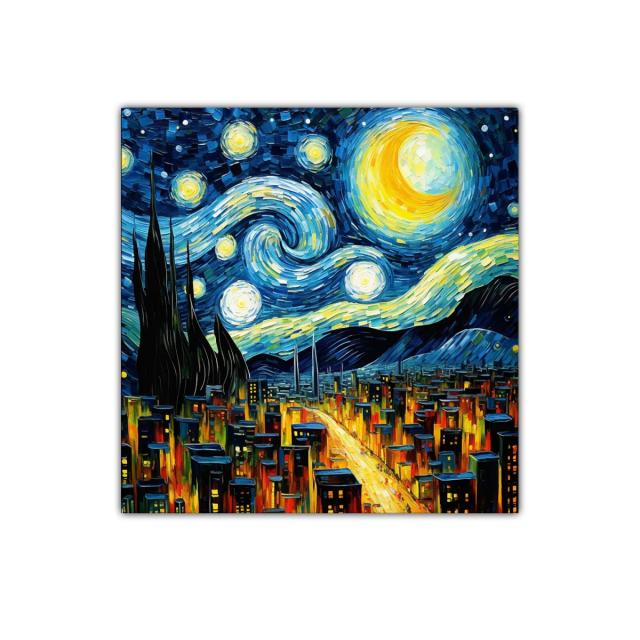 Ciudad nocturna bajo cielo estrellado vibrante y dinámico