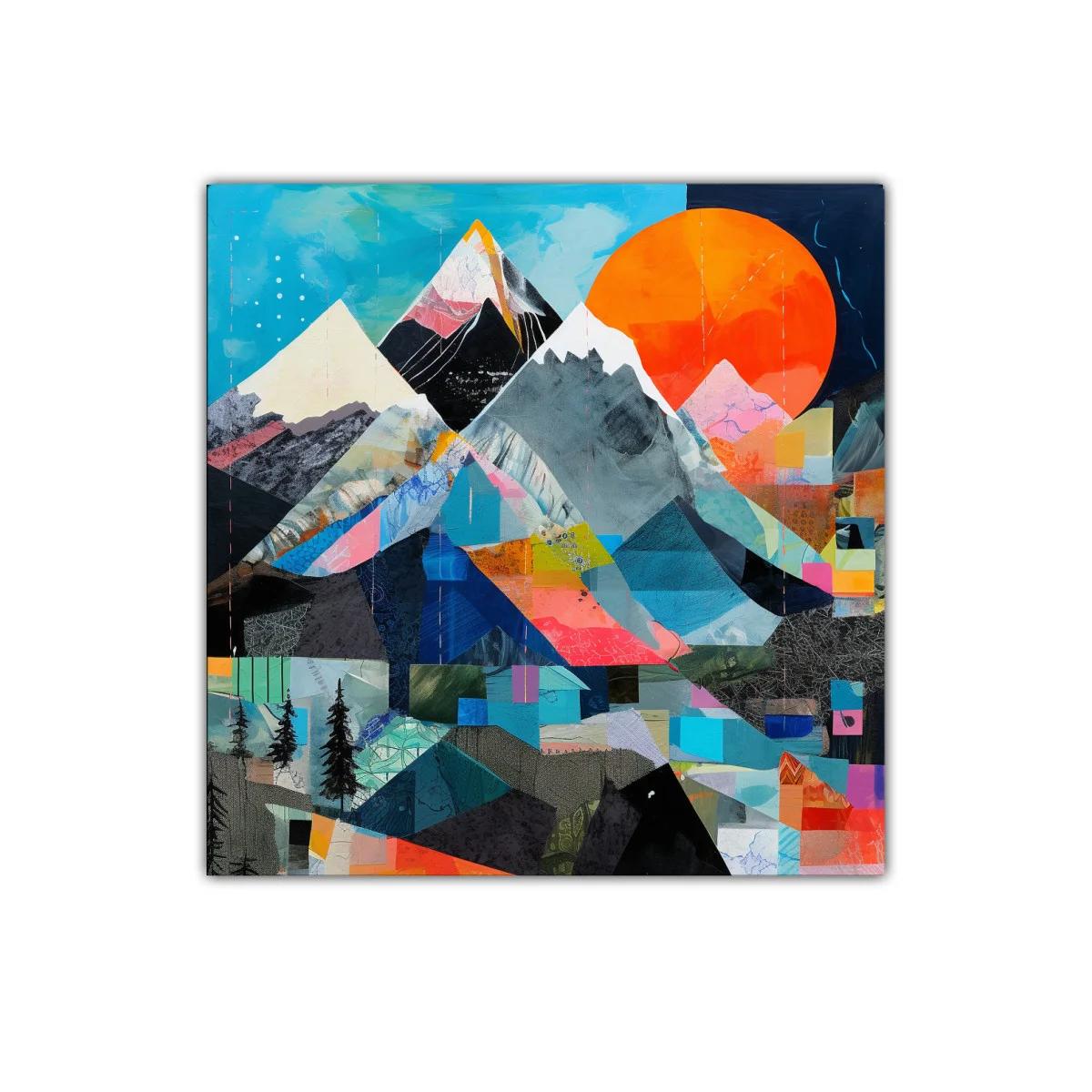 Montañas geométricas con sol vibrante y contrastes intensos — imagen principal