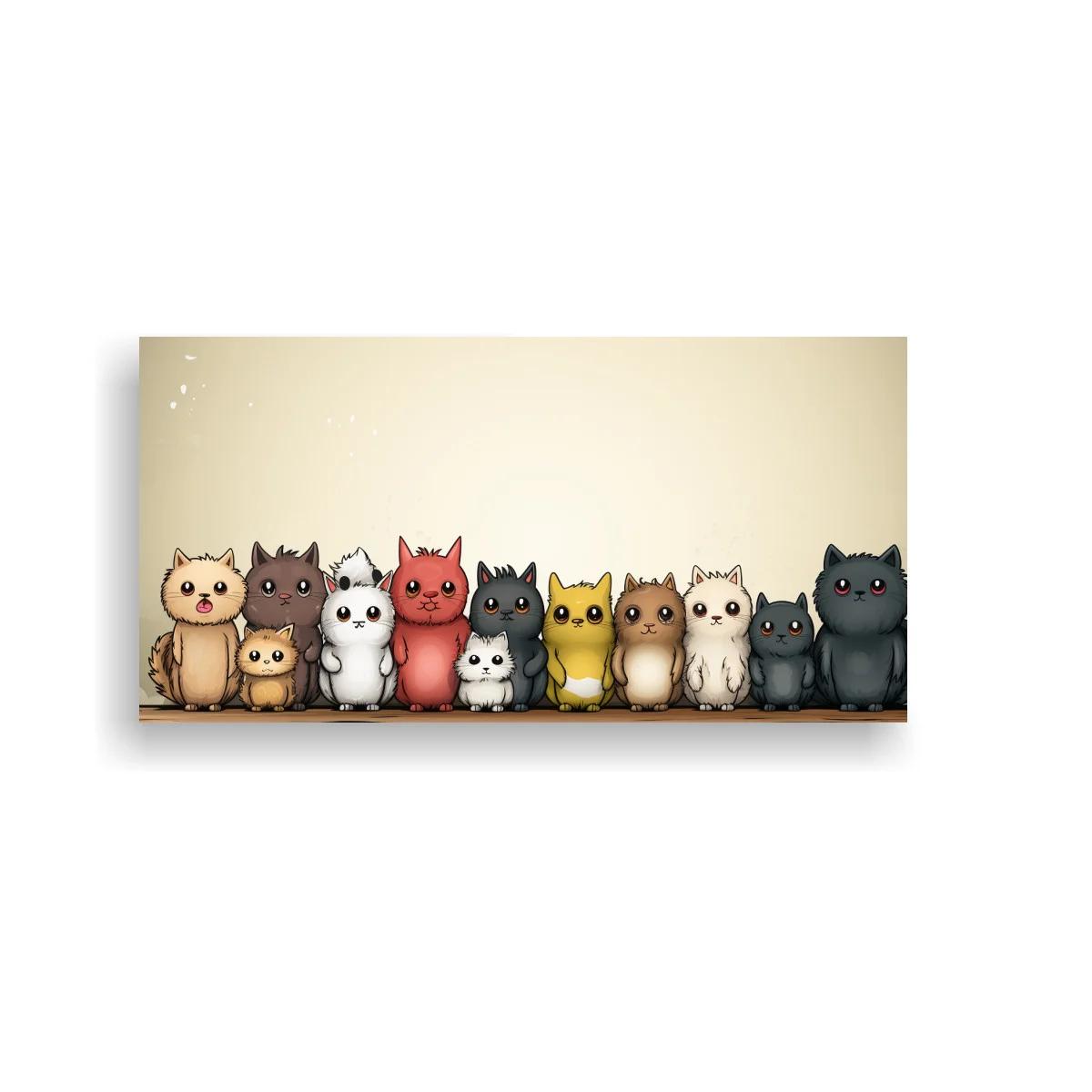 Cuadro fila de gatos de colores con fondo beige degradado — imagen principal