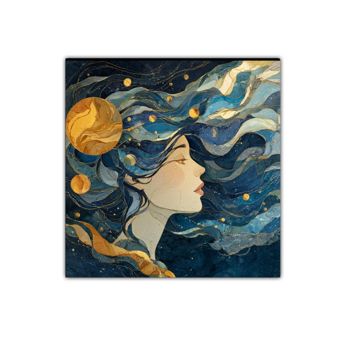 Retrato femenino con elementos cósmicos en azul y dorado — imagen principal