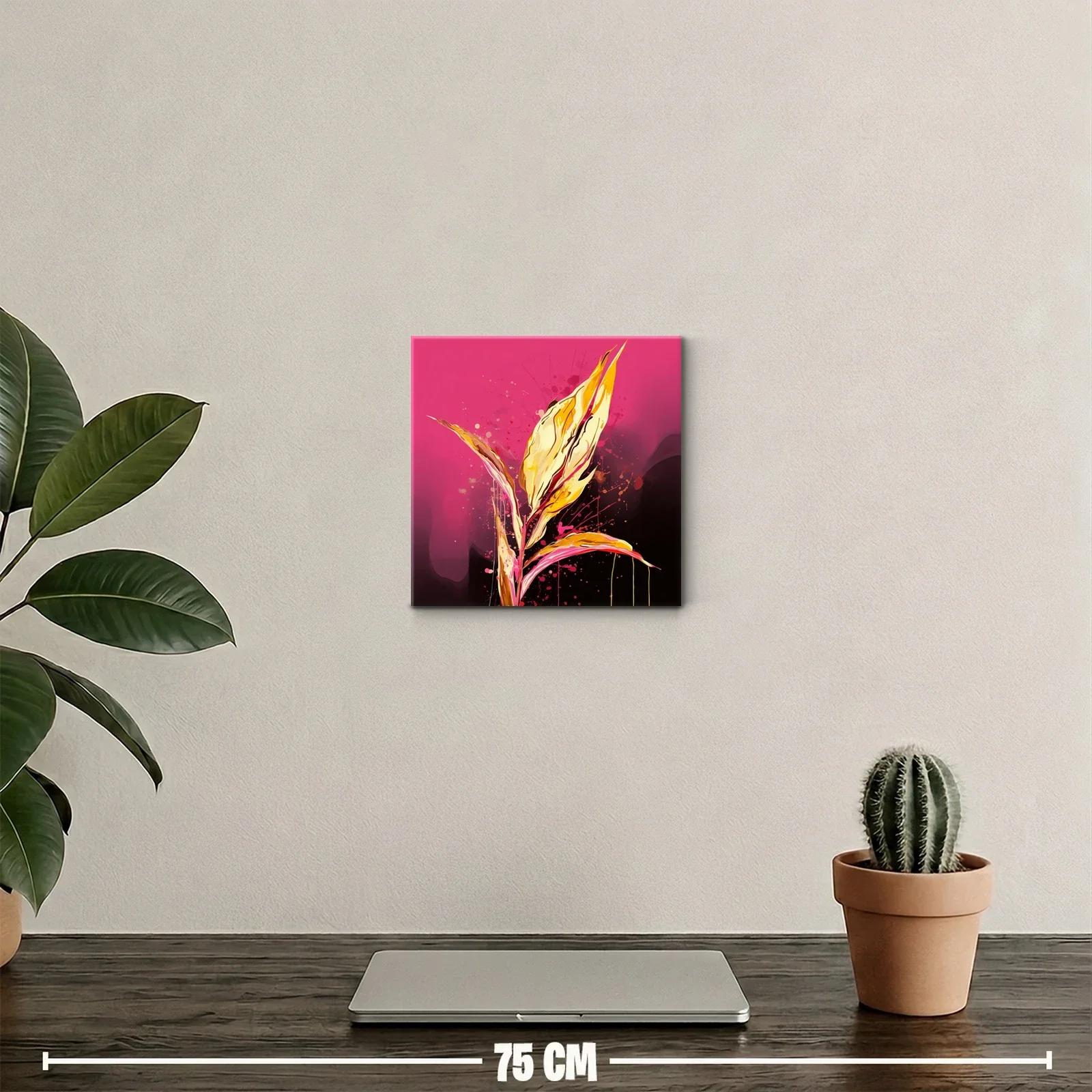 Cuadro abstracto con hojas vibrantes en tonos dorados y rosa — miniatura 2