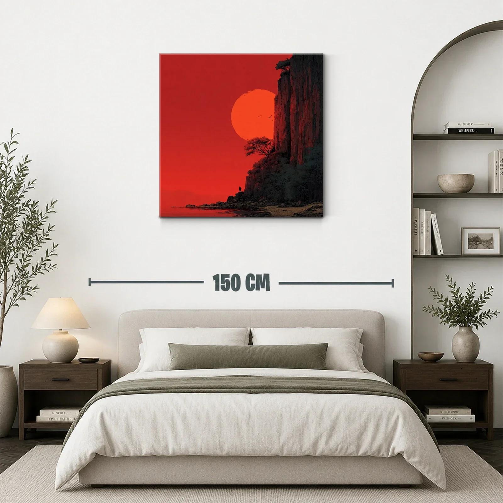 Paisaje dramático con sol rojo y acantilados rocosos — miniatura 3