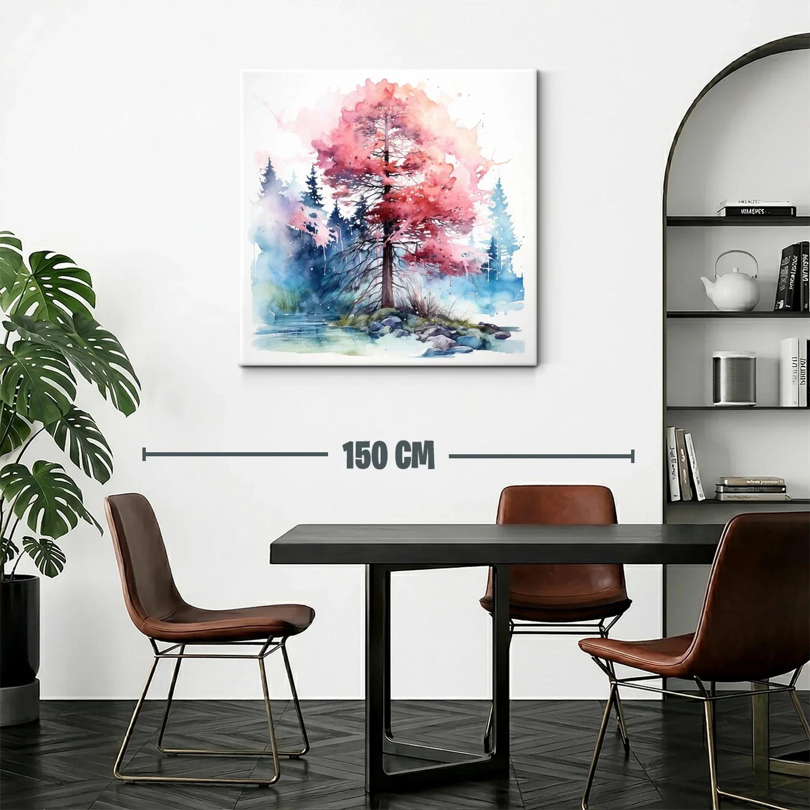 Árbol en otoño con hojas rosas y fondo de bosque azul — miniatura 2