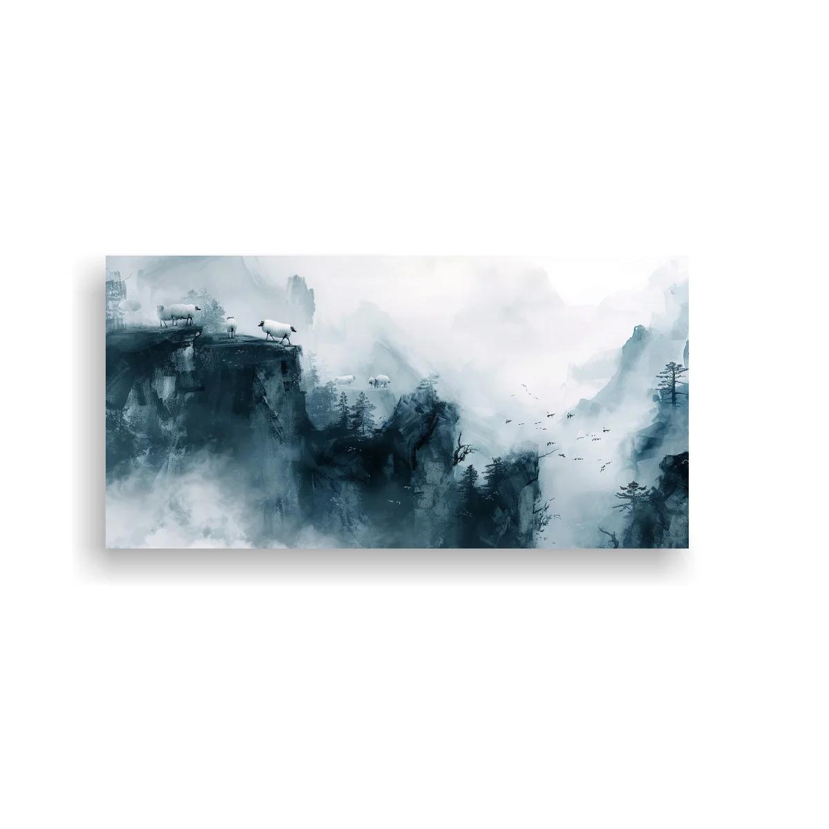 Cuadro paisaje de montañas con niebla y bandada de aves