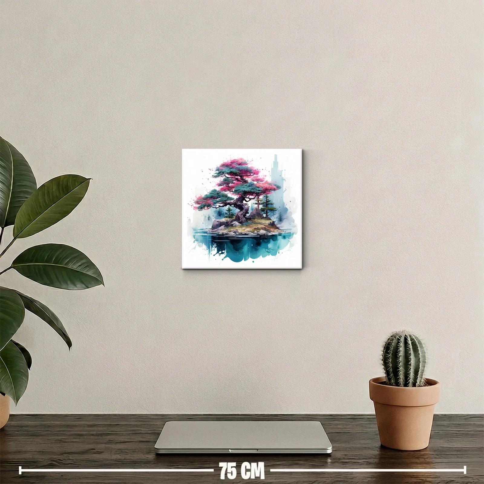 Árbol bonsái en isla flotante con tonos rosas y azules — miniatura 2