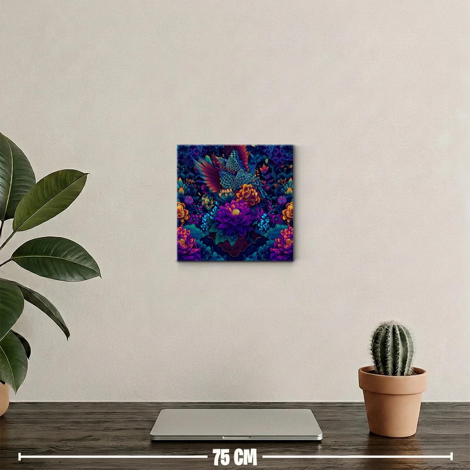 Cuadro decorativo con ave y flores vibrantes en tonos intensos — miniatura 2