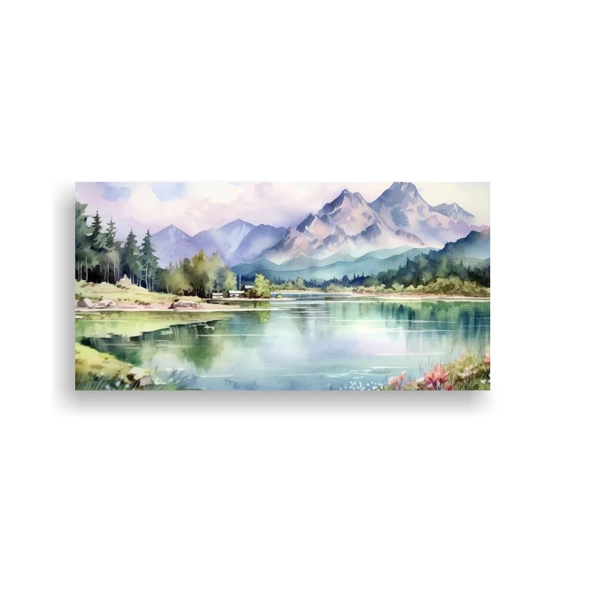 Cuadro lago de montaña con orilla de flores silvestres