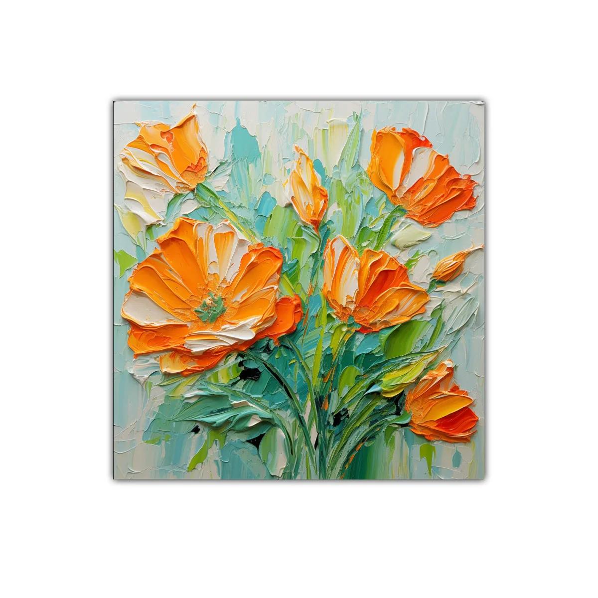 Cuadro con vibrantes flores naranjas y verdes frescos