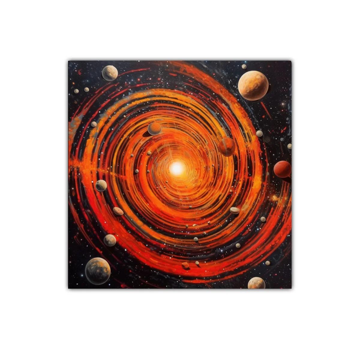 Cuadro cosmos en espiral con vibrantes tonos rojos y naranjas