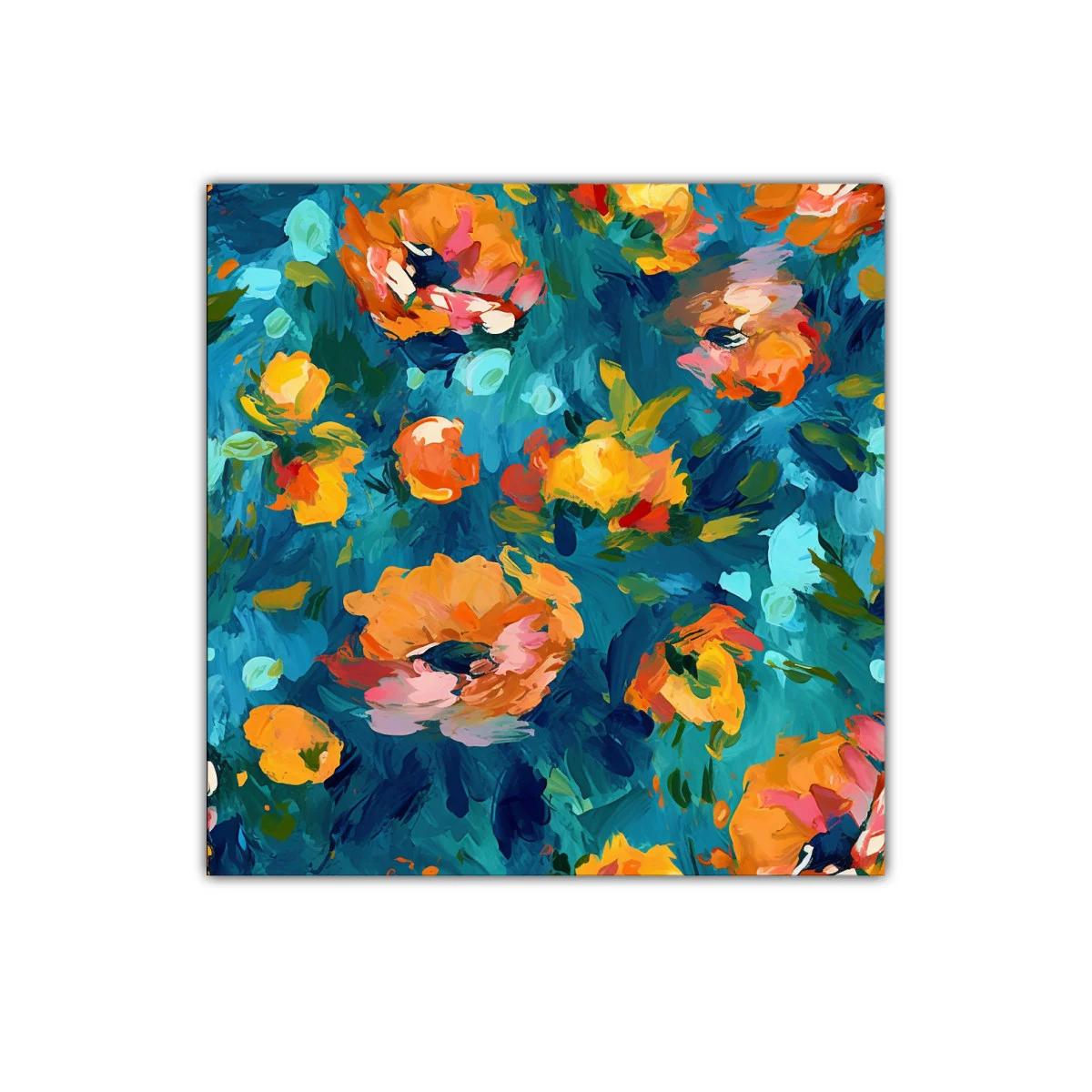 Cuadro decorativo con flores vibrantes y fondo azul intenso — imagen principal