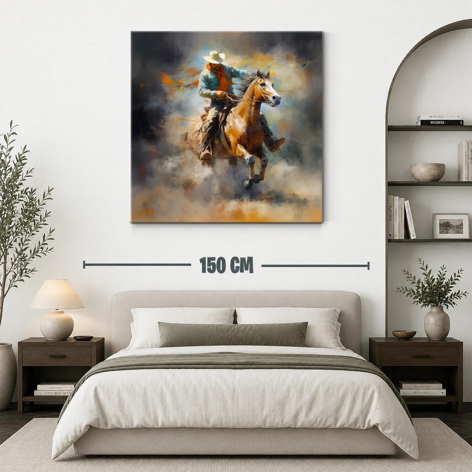 Cuadro de vaquero a caballo en movimiento con tonos cálidos — miniatura 3