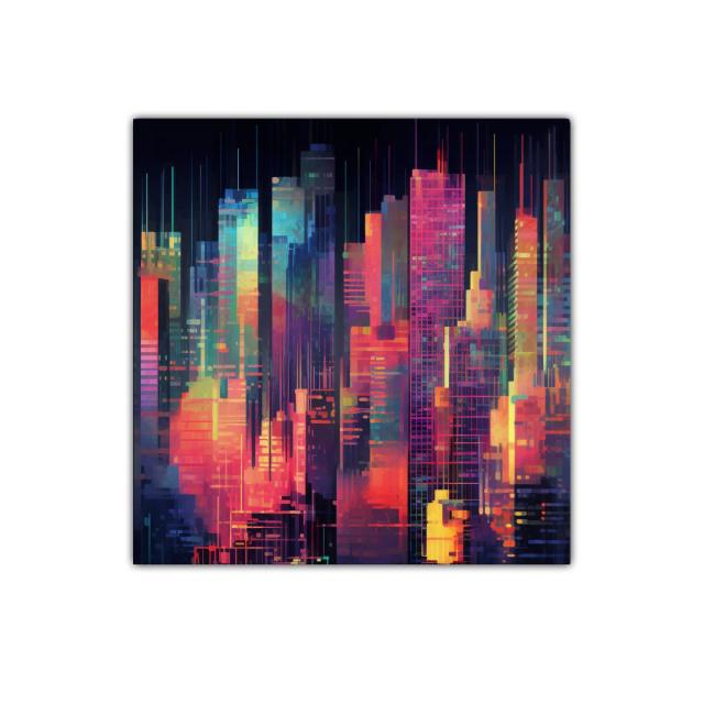 Cityscape nocturno vibrante con luces de neón coloridas