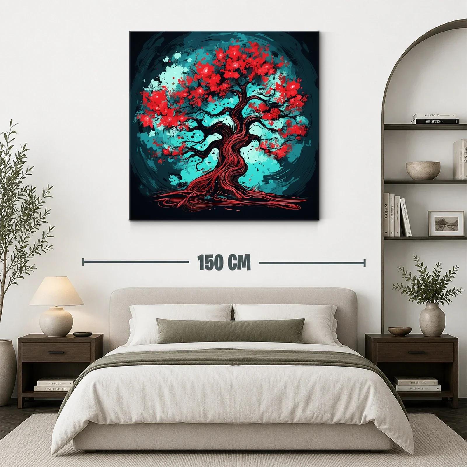 Árbol vibrante con flores rojas y fondo turquesa intenso — miniatura 3