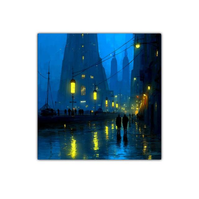 Atardecer urbano con luces reflejadas en la lluvia