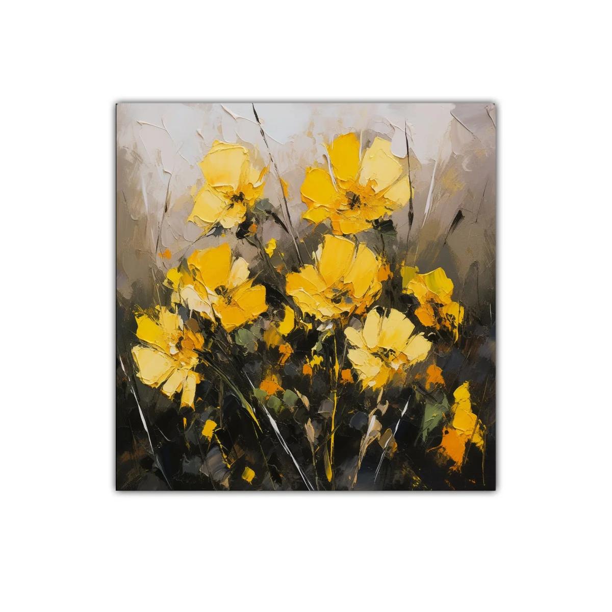 Cuadro floral con flores amarillas vibrantes y fondo neutro — imagen principal