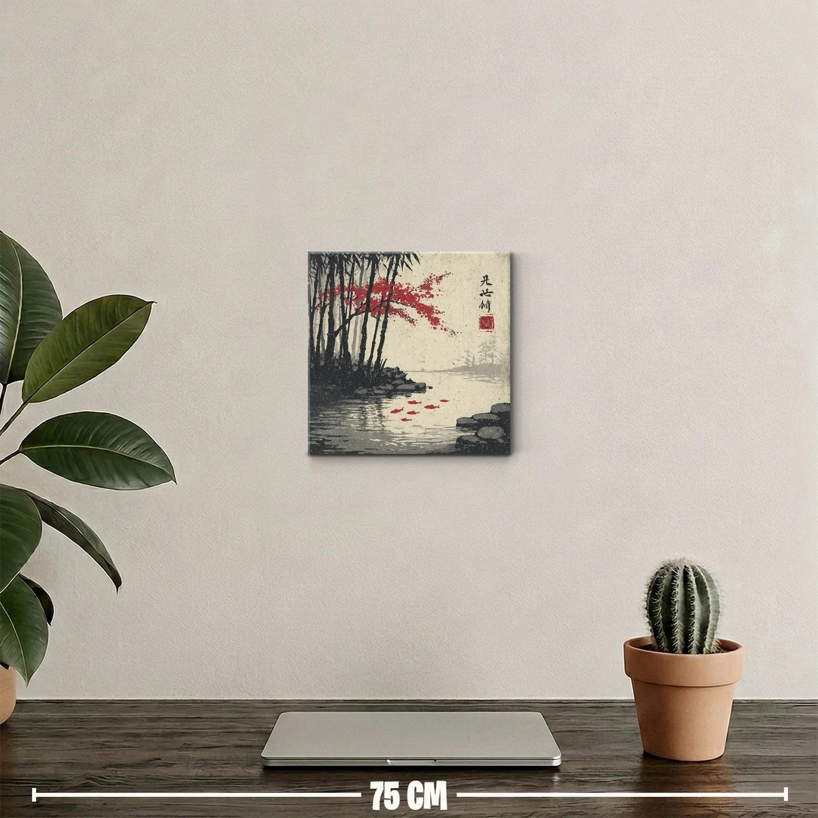 Paisaje sereno con árboles y peces rojos en agua tranquila — miniatura 2
