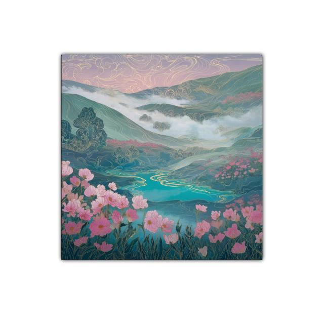 Paisaje floral con lago y montañas en tonos suaves