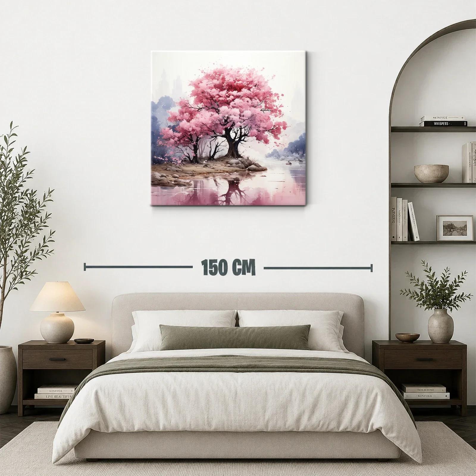 Paisaje sereno con árboles en flor y reflejo en agua — miniatura 3