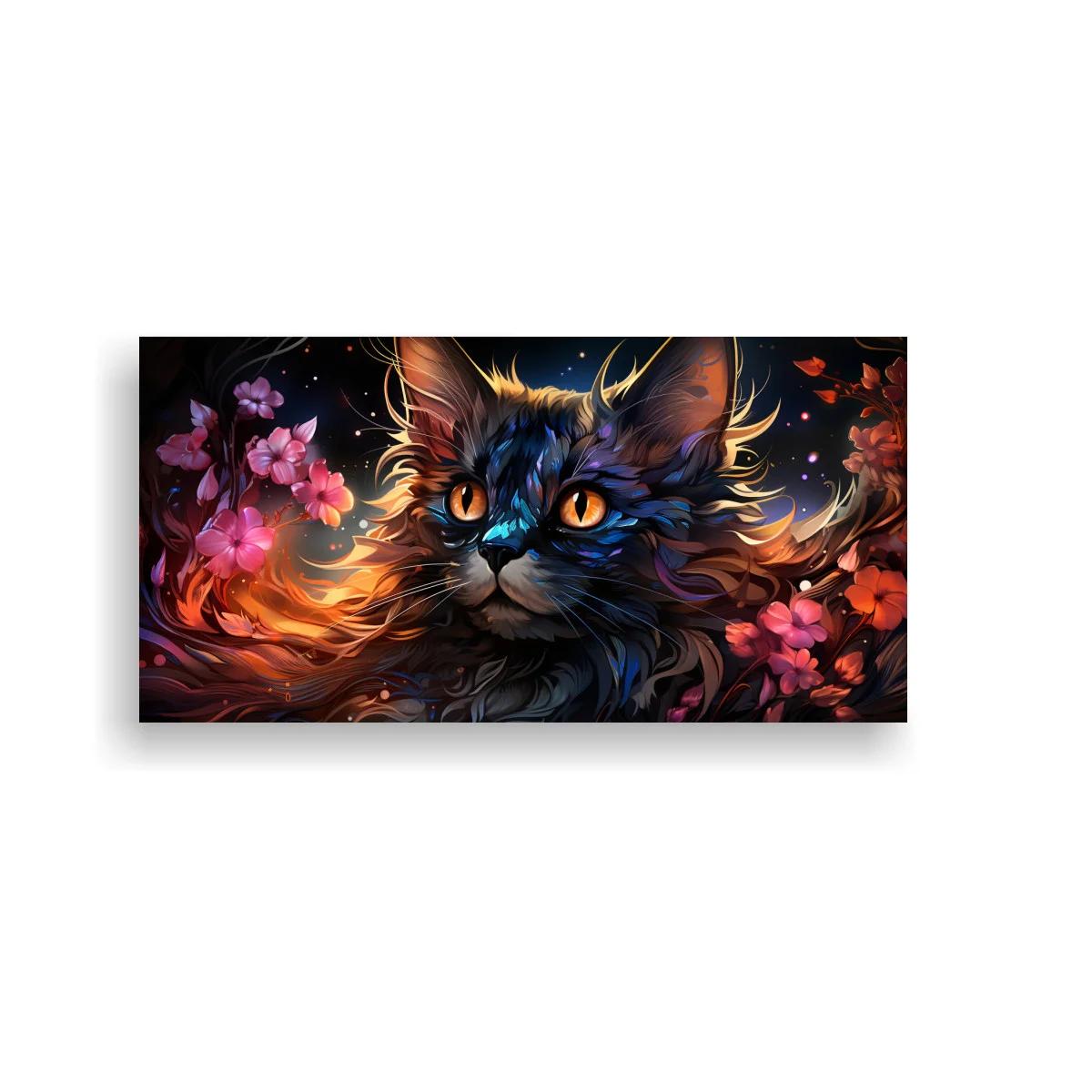 Cuadro gato de pelo largo con flores y destellos luminosos
