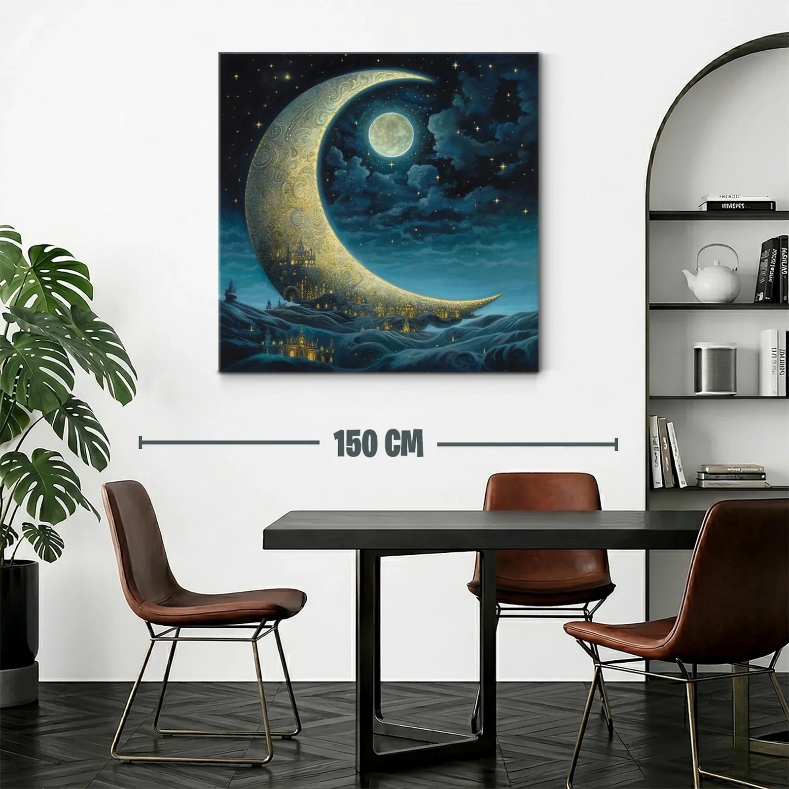 Paisaje nocturno con luna creciente y ciudad dorada — miniatura 2
