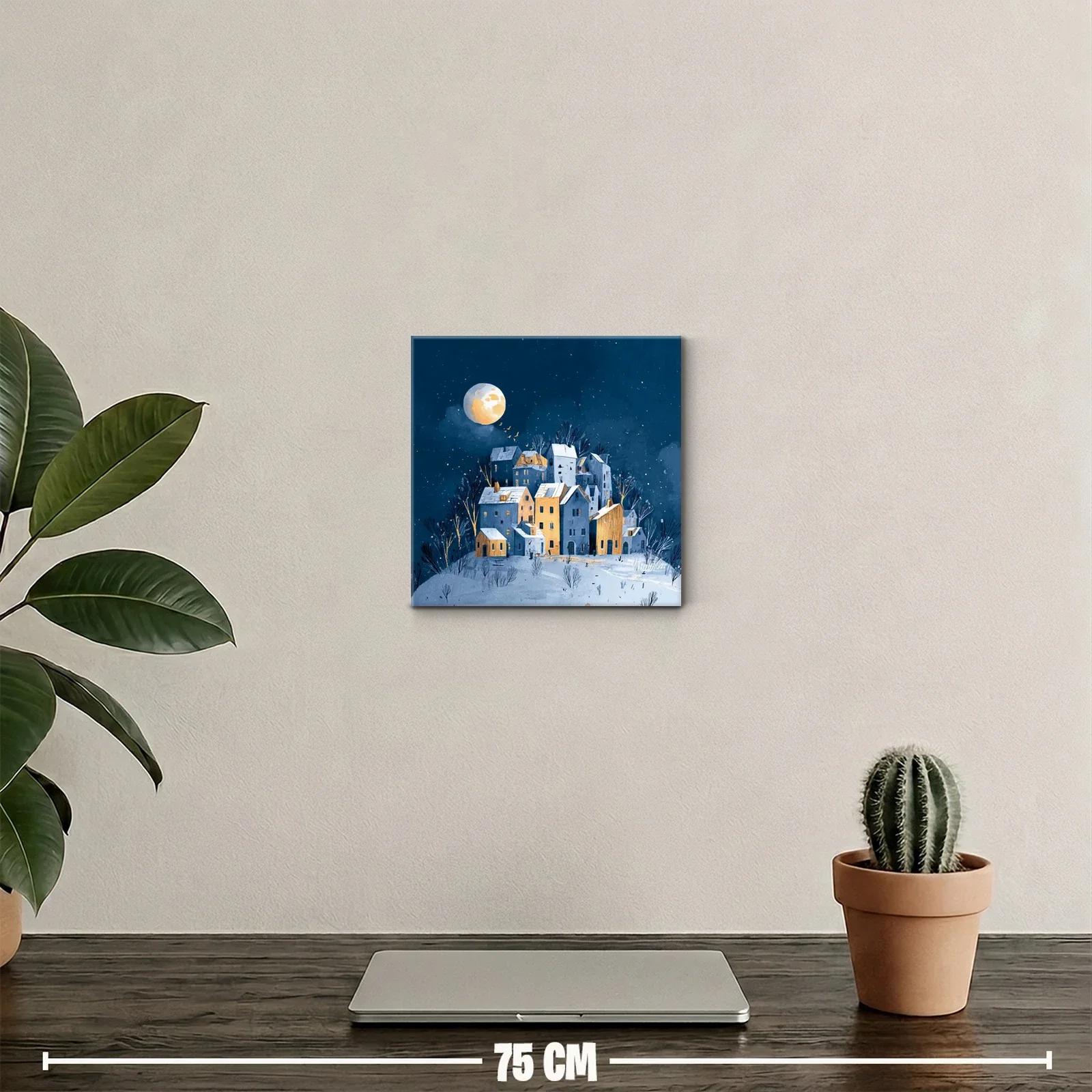 Paisaje nocturno con casas iluminadas y luna llena — miniatura 2