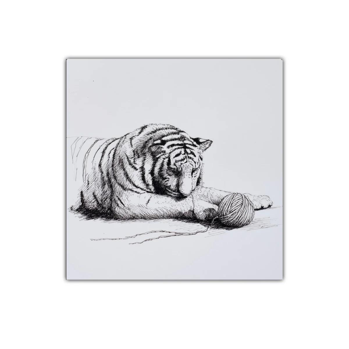 Tigre dormido y bola de hilo en dibujo minimalista — imagen principal