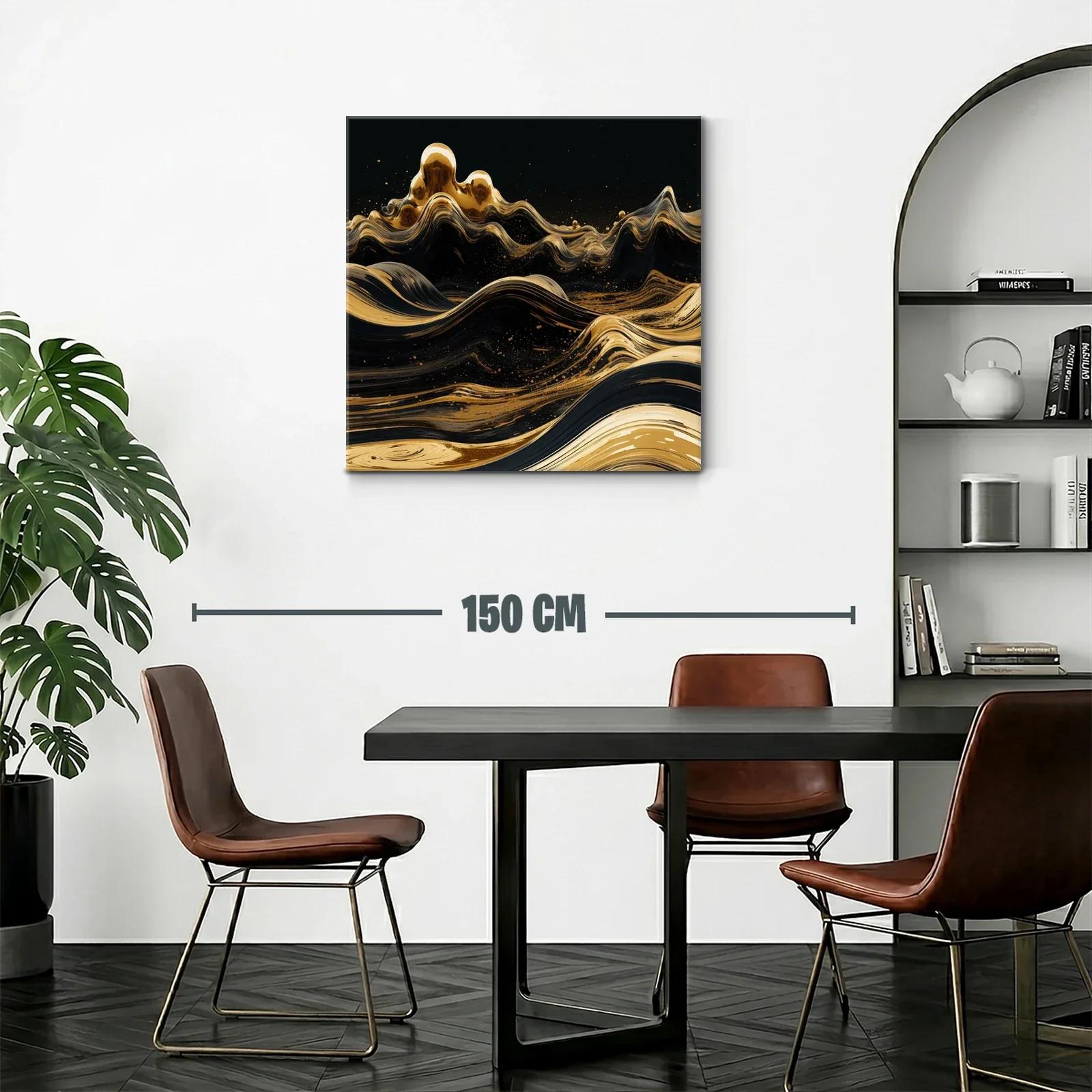 Cuadro abstracto con olas doradas sobre fondo negro — miniatura 2