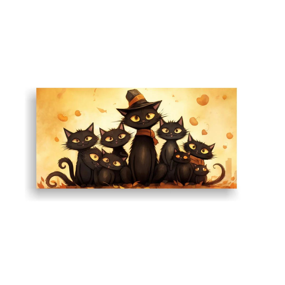 Cuadro grupo de gatos negros con sombrero de bruja y colas enroscadas