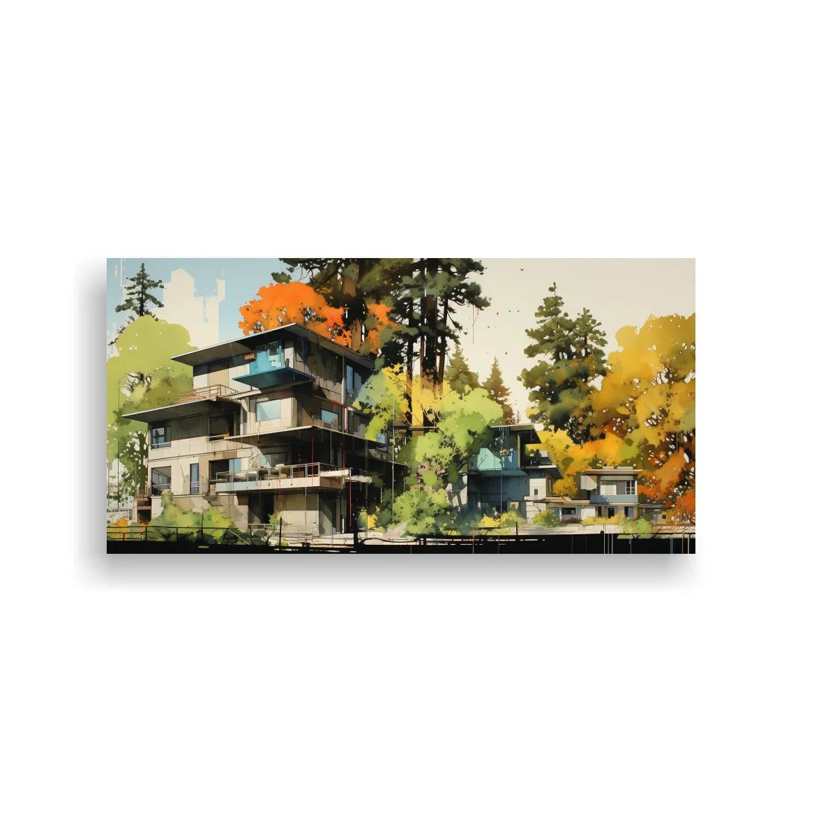 Cuadro casa moderna entre árboles con grandes ventanales — imagen principal