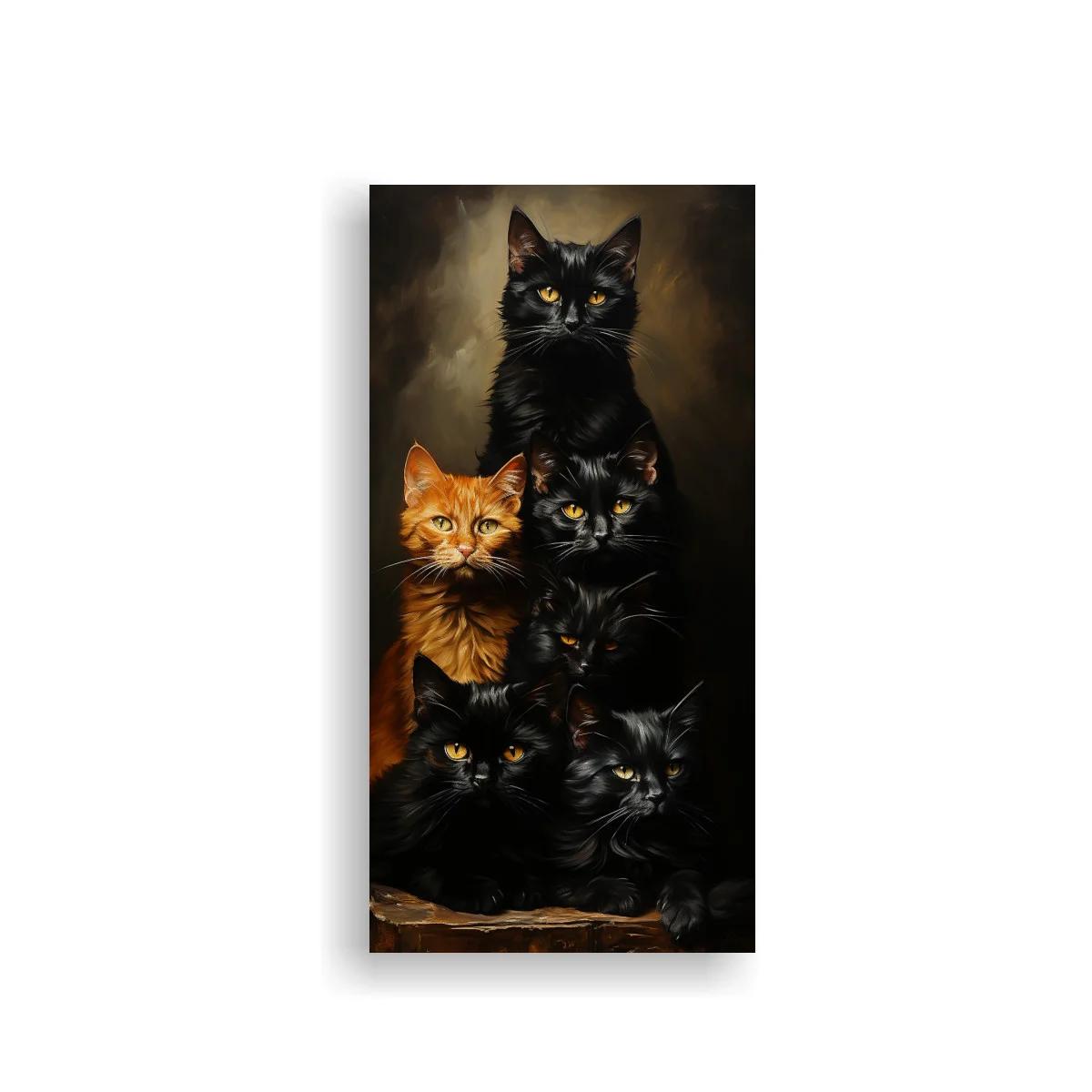 Cuadro de gatos negros con un gato naranja y ojos brillantes
