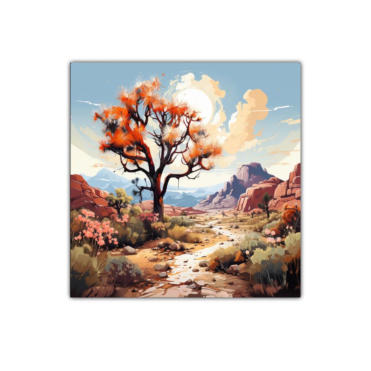 Paisaje desértico con árbol y flora en tonos cálidos