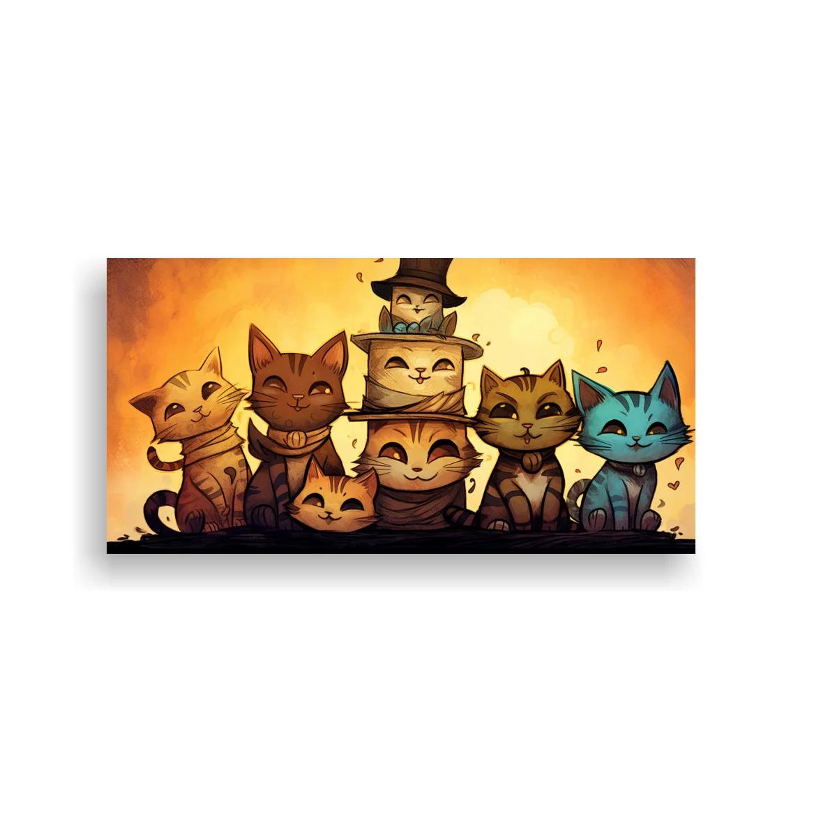 Cuadro grupo de gatos caricaturescos con pastel de tres pisos