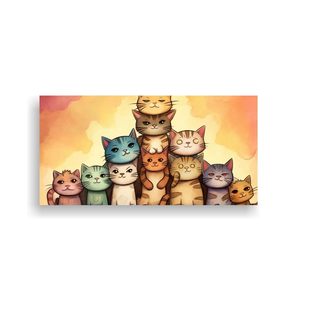 Cuadro grupo de gatos apilados en acuarela