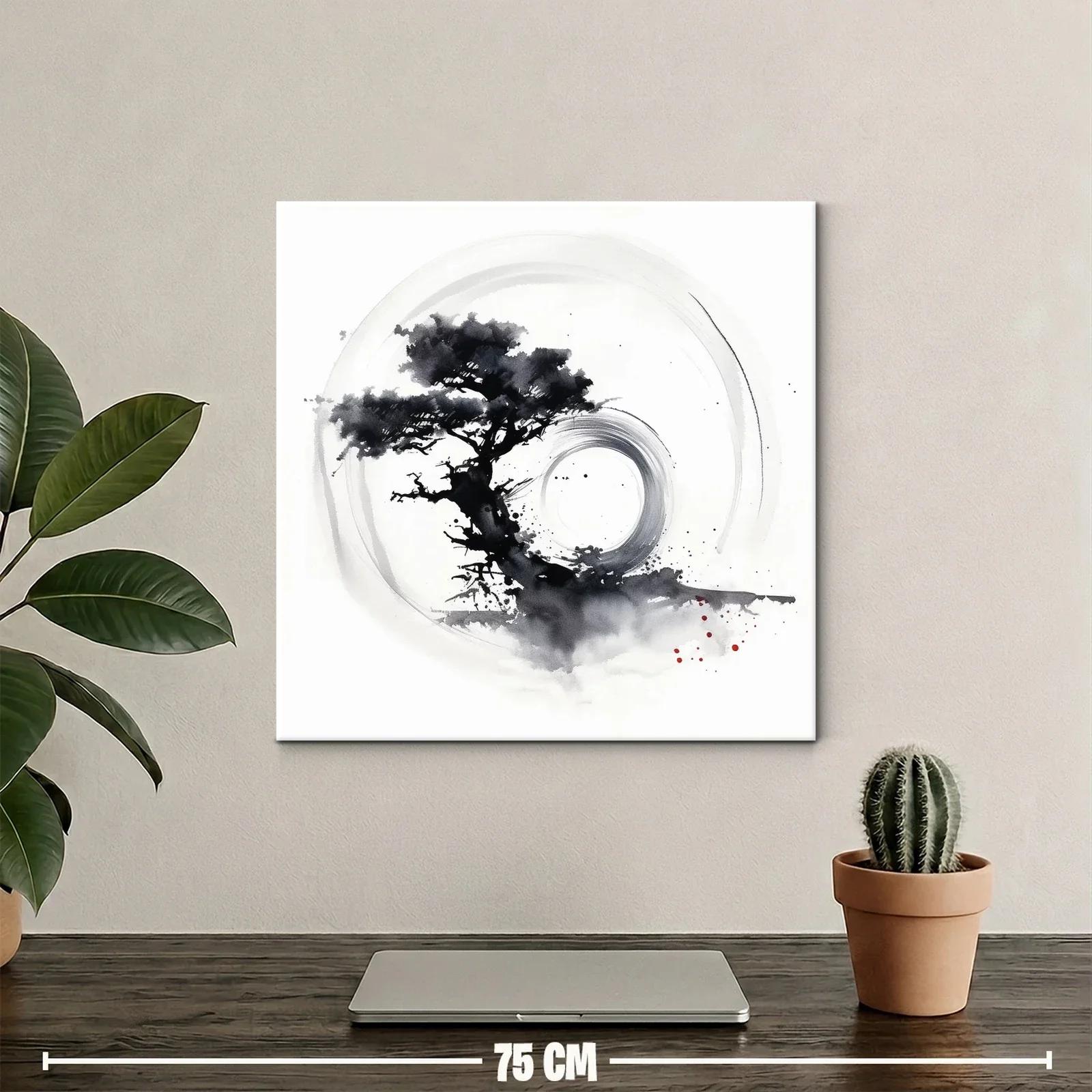 Cuadro árbol zen con círculo en tinta monocroma — miniatura 2