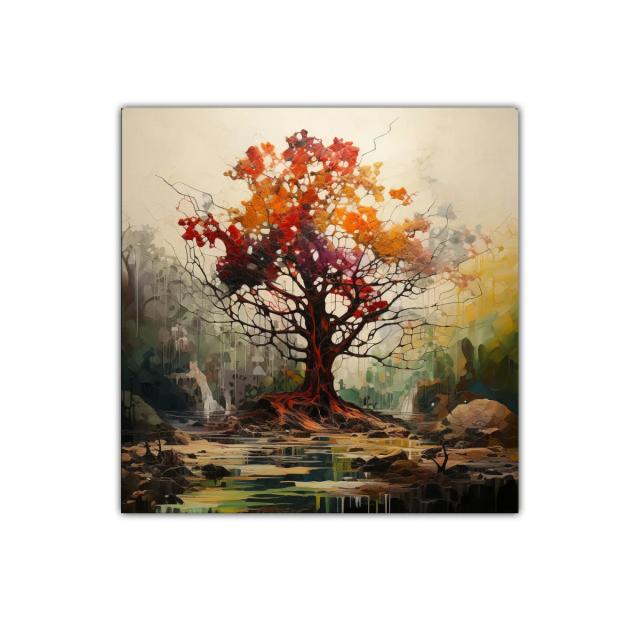 Árbol vibrante con tonos otoñales en paisaje sereno