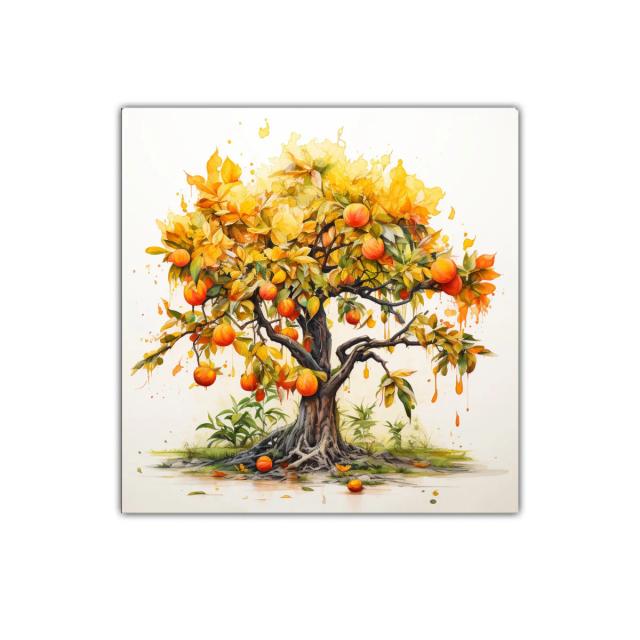 Árbol frutal vibrante con tonos cálidos y detalle artístico