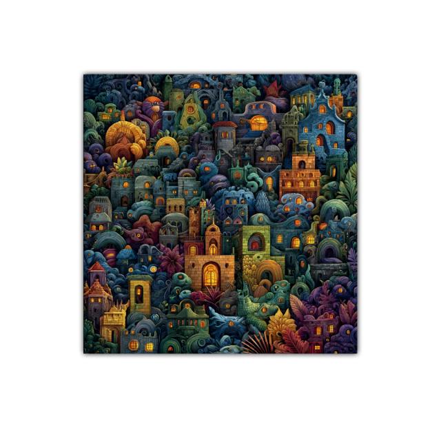 Cuadro artístico de ciudad fantástica llena de color y detalle