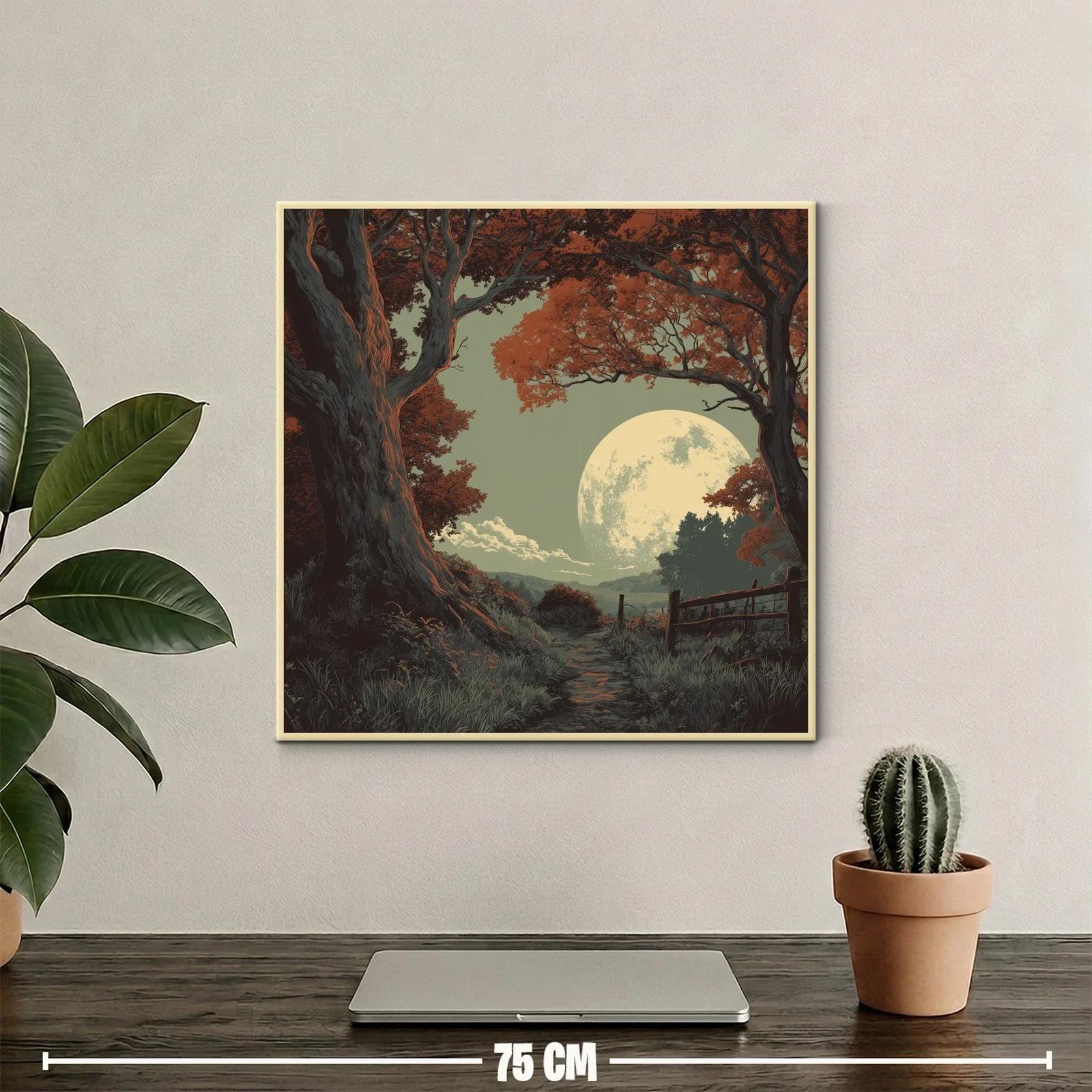 Camino nocturno iluminado por luna llena y árboles rojizos — miniatura 2