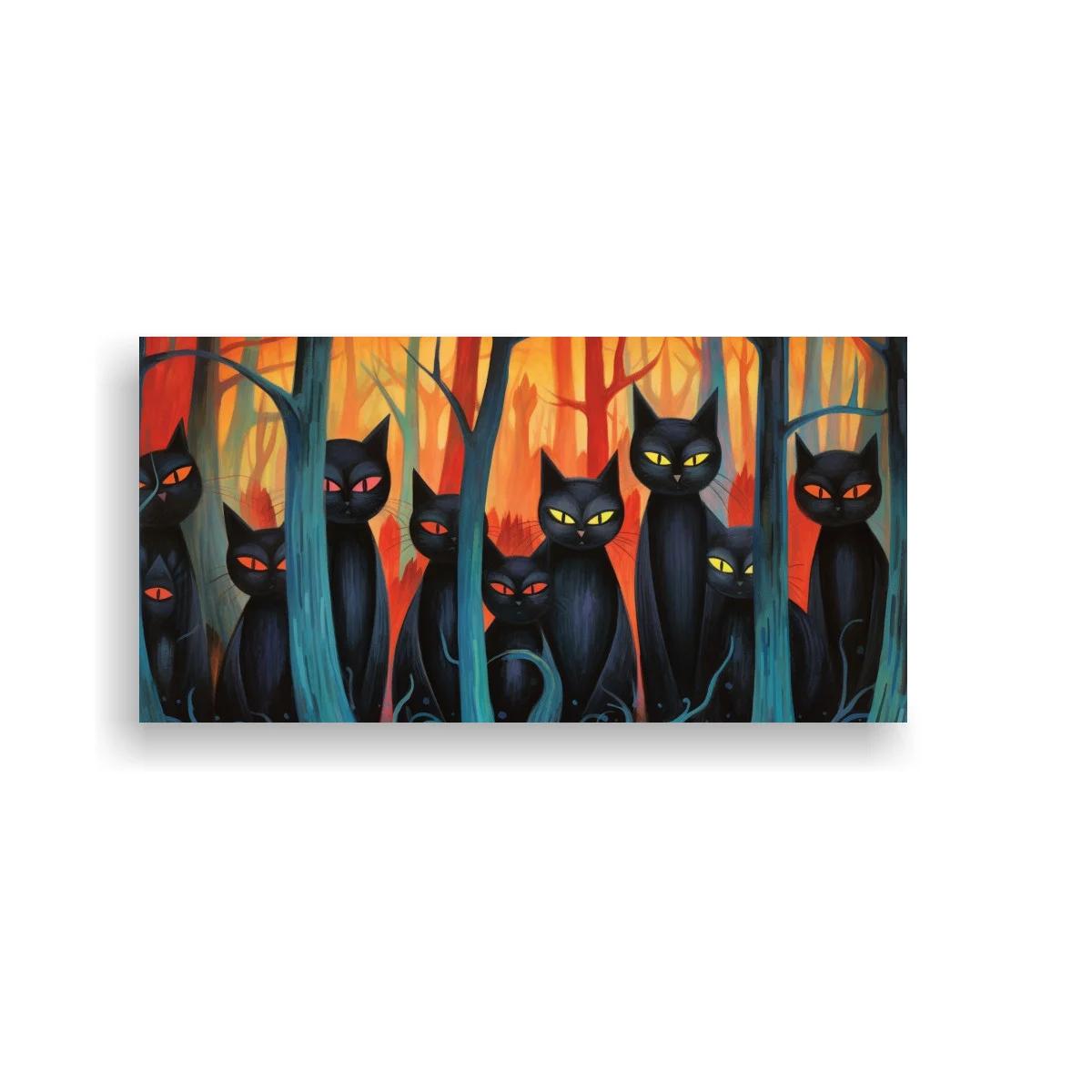 Cuadro gatos negros entre troncos verticales