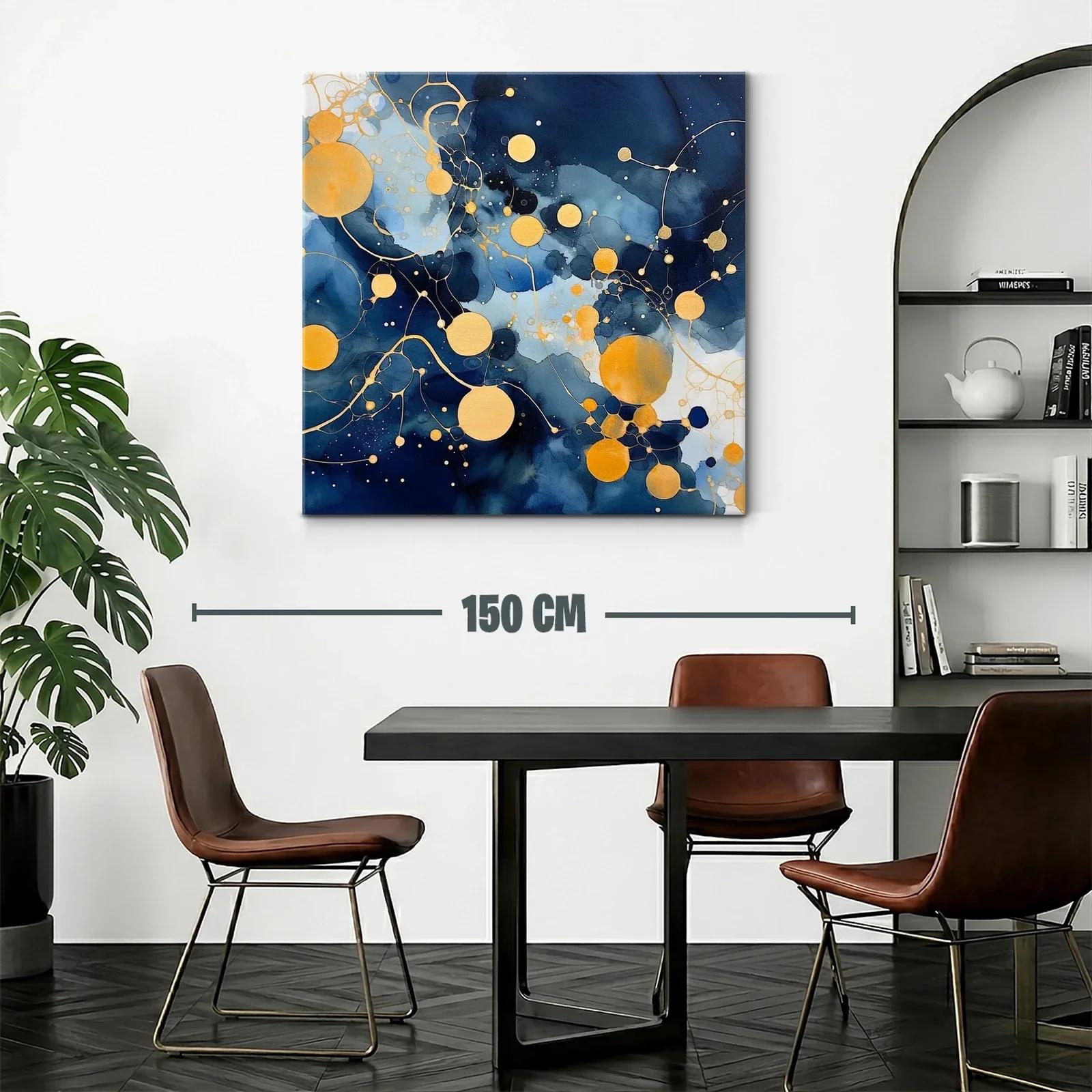 Cuadro abstracto con círculos dorados sobre fondo azul marino — miniatura 2