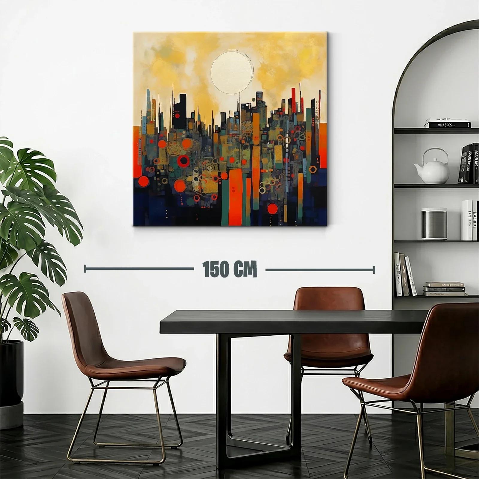 Cuadro abstracto paisaje urbano con círculo dorado — miniatura 2