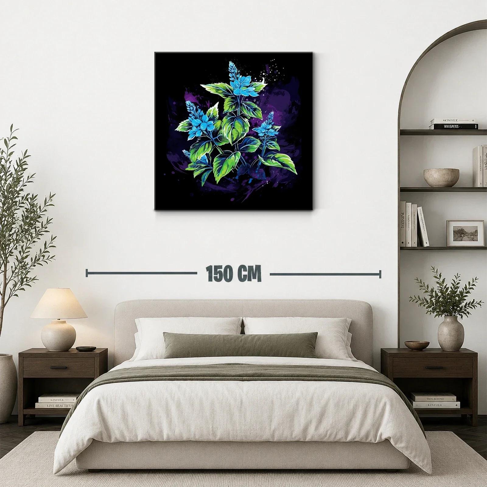 Cuadro con flores azules y hojas verdes sobre fondo oscuro — miniatura 3