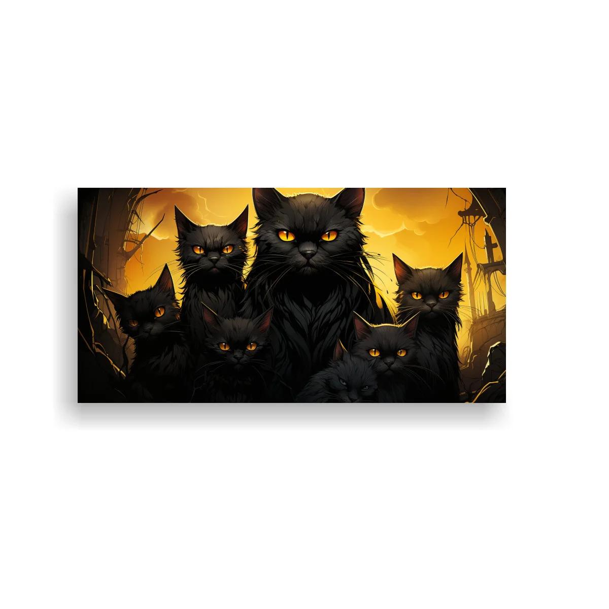 Cuadro grupo de gatos negros con ojos amarillos y fondo dorado