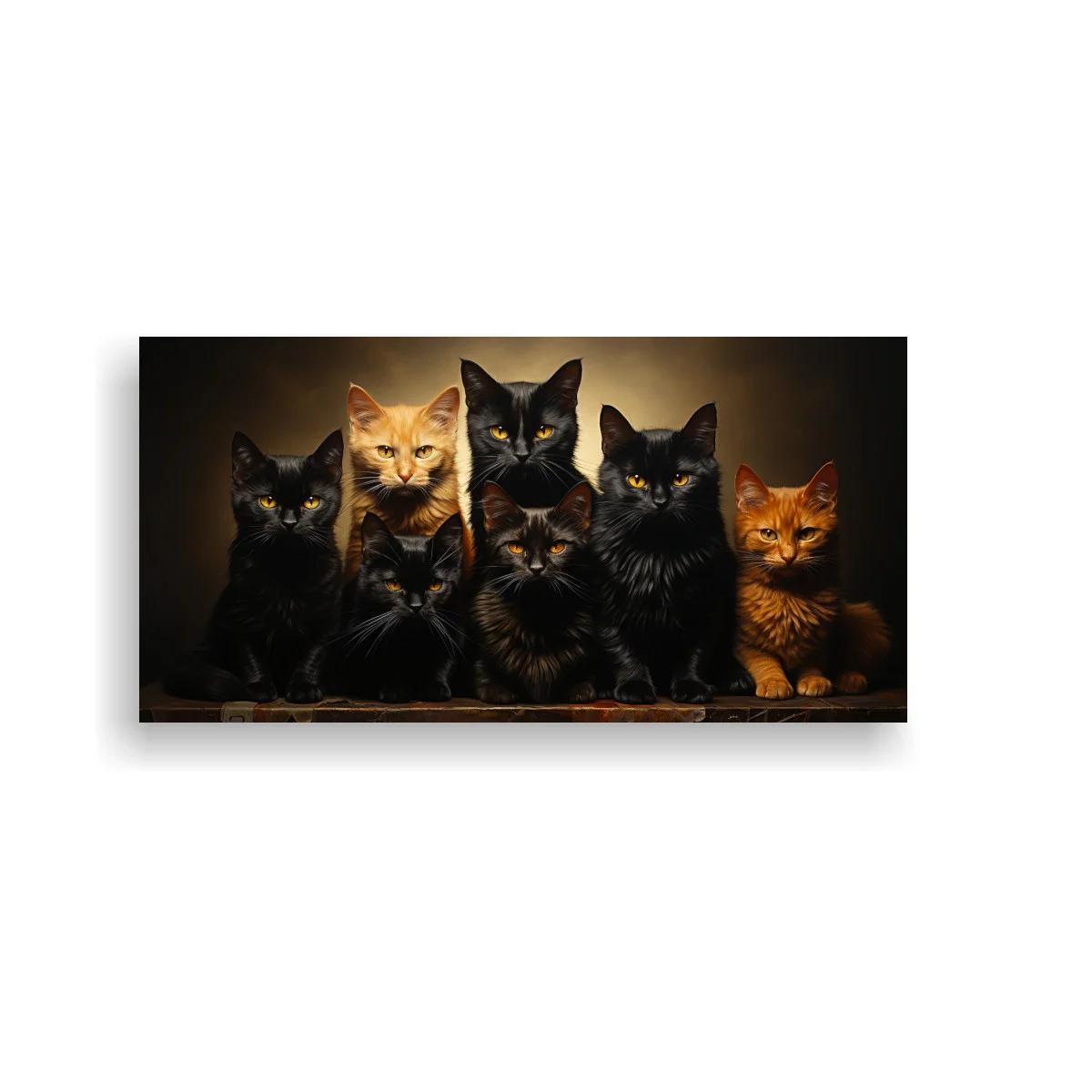 Cuadro grupo de gatos alineados sobre superficie de madera — imagen principal