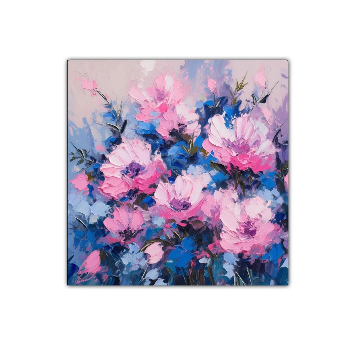 Cuadro decorativo con flores en tonos rosas y azules vibrantes