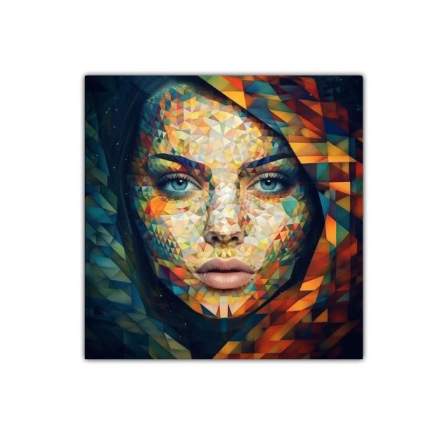 Rostro femenino colorido con diseño geométrico vibrante