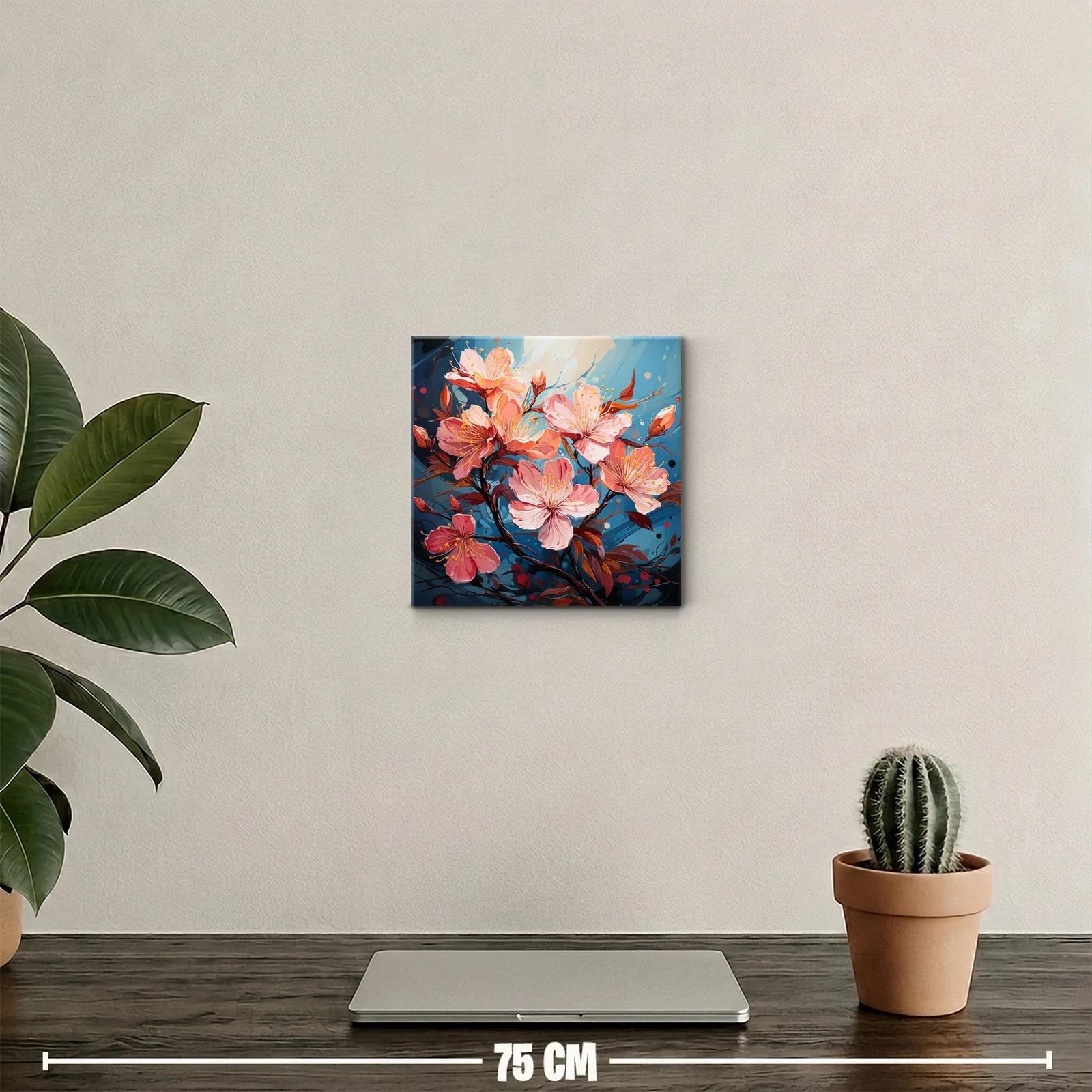 Cuadro floral con flores rosas sobre fondo azul vibrante — miniatura 2