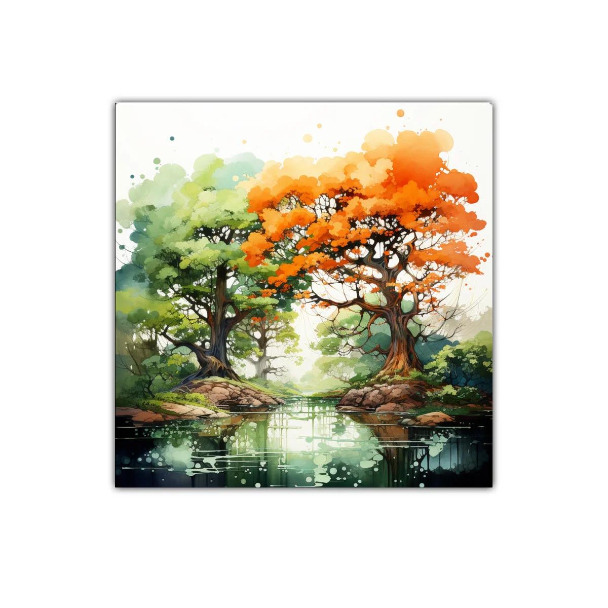 Paisaje con árboles vibrantes reflejados en el agua — imagen principal